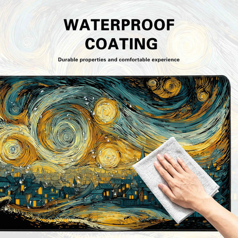 Starry Night Cat Desk Mat Extended Large 31.5 by 15.7 Inch Anime Mouse Pad showing waterproof surface being wiped clean