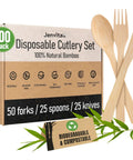 Image of Your Go To 100 Percent Bamboo Utensils Set With 50 Forks, 25 Spoons, 25 Knives, Compostable, Biodegradable, FSC Certified, Plastic Free