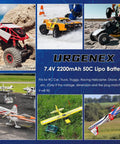 Collage of RC vehicles and aircraft powered by 7.4V 2200mAh LiPo Battery With 50C Burst 80C High Discharge, Deans T Plug, USB Charger