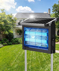 Outdoor Bug Zapper That Crushes Bugs, Sun Powered, Rechargeable 4500V High-Voltage Grid in backyard setting, waterproof design.