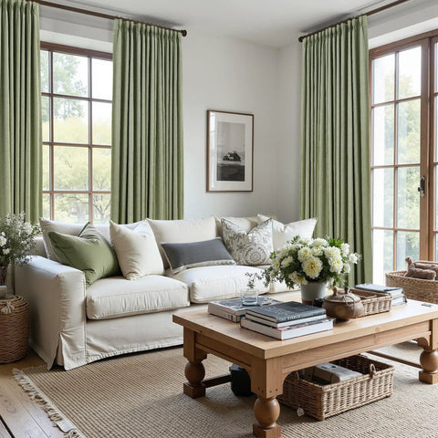 Living room with Light Sage Double Layer Blackout Linen Curtains For Living Room And Bedroom, 96 Inch Long Pinch Pleat Drapes