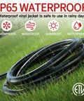 Outdoor extension cord, black SJTW, coiled on grass, IP65 waterproof and ETL-listed.
