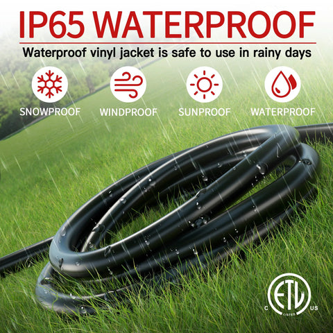 Outdoor extension cord, black SJTW, coiled on grass, IP65 waterproof and ETL-listed.