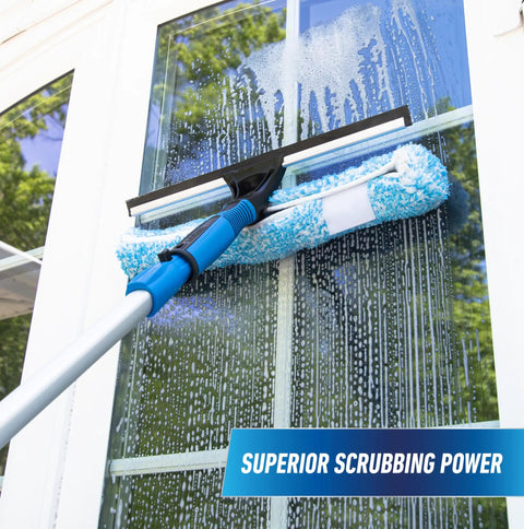 2 In 1 Squeegee And Scrubber Window Cleaning Tool With 14 Inch Blade And 8 Foot Connect And Clean Pole For Streak Free Glass Cleaning At Home Or Pro Jobs Microfiber Sleeve on soapy window