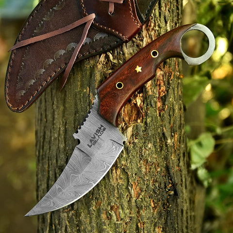 Handmade Damascus Steel Curved Fixed Blade Hunting Knife Nine Inch With Wooden Handle Ring Pommel Leather Sheath The Go To Tool
