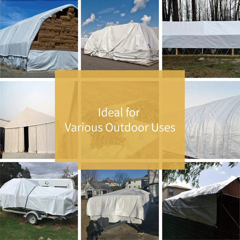Heavy Duty Waterproof Tarp 10x20 White Poly Tarpaulin With Grommets 10 Mil Thick UV Resistant Outdoor Cover showcased in various uses.