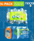 24-pack of Niagara water bottles with blue and green packaging, suitable for Purified Drinking Water 16.9 Oz Bottles Bulk Pallet 1008 Bottles