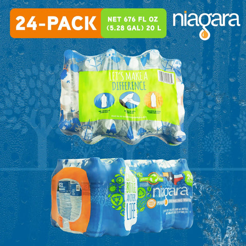 24-pack of Niagara water bottles with blue and green packaging, suitable for Purified Drinking Water 16.9 Oz Bottles Bulk Pallet 1008 Bottles