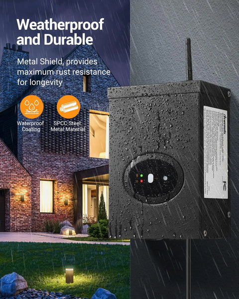 Smart Low Voltage Landscape Transformer With Schedule And Timer, Voice Control Waterproof Outdoor Lighting Control Compatible With Alexa And Google Home, 120V AC To 12V AC For LED Landscape Lights, ETL Listed in rain next to house.