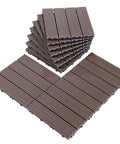 Stack of brown wood deck tiles, interlocking design for outdoor use