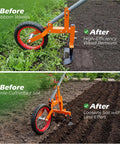2 In 1 Manual Wheel Hoe Garden Cultivator with Adjustable Long Handle demonstrating before and after weeding and soil loosening.