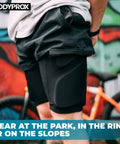 Gnarly Protective Padded Shorts For Snowboard, Skate And Skiing With 3D Hip, Butt, And Tailbone Protection, cyclist in background