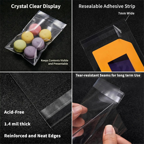 Self Sealing 4x6 Cellophane Bags For Cookies And Treats Pack Of 200 showing clear design, resealable strip, and reinforced edges