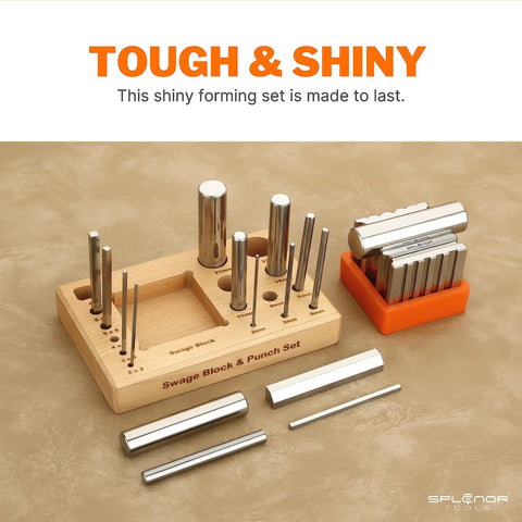 Steel 2.5 Inch Swage Block With 16 Punch Set For Jewelry Making Silversmithing And Metalworking Bench Anvil Tool on wooden stand