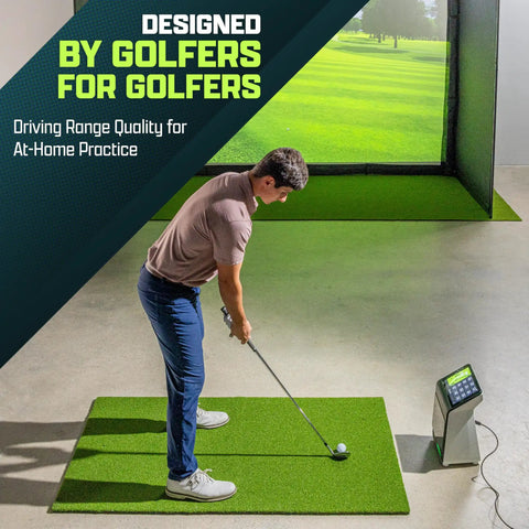 Golfer practicing swing on Pro Golf Hitting Mat 5 X 3 Ft with 5mm Artificial Turf for indoor outdoor use, includes 3 rubber tees