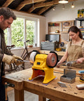 Go Anywhere Cordless Mini Bench Grinder Powerhouse With Dual 70mm Coarse And Fine Grinding Wheels 5500 Rpm Copper Motor in a workshop.