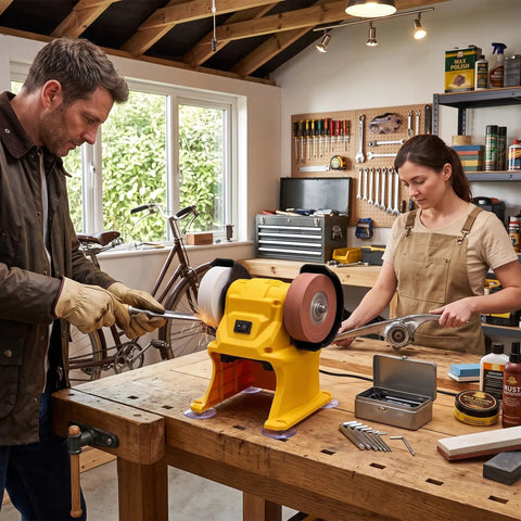 Go Anywhere Cordless Mini Bench Grinder Powerhouse With Dual 70mm Coarse And Fine Grinding Wheels 5500 Rpm Copper Motor in a workshop.