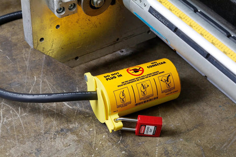 Economy Electrical Lockout Toolbox Kit With Rugged Polypropylene Case, power plug lock with red padlock, on-the-go safety shutdowns.