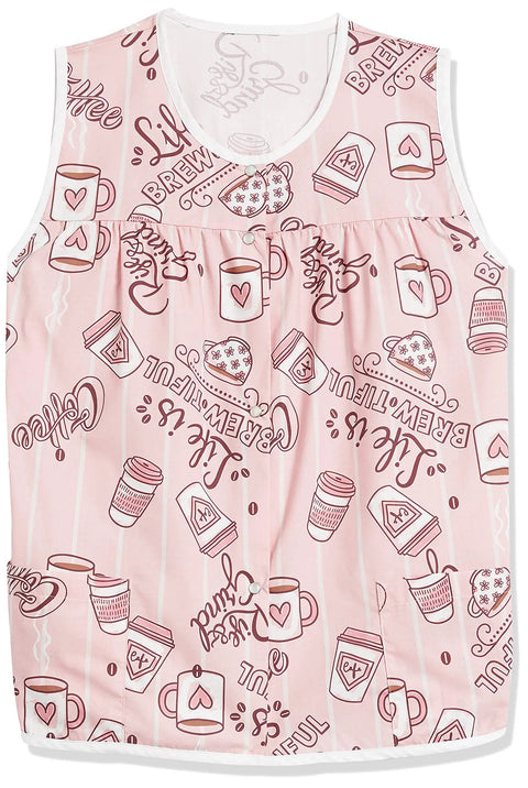 Hassle Free Snap Front Cobbler Apron Vest With Dual Patch Pockets Top Shelf Easy Care Smock featuring coffee-themed design.