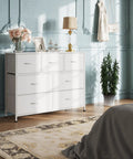 Seven Drawer Dresser And TV Stand With Wood Top, Fabric Storage Tower, White, Sturdy Steel Frame in elegant bedroom setting.