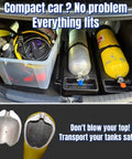 Universal Scuba Tank Transporter With Valve Protection Non Slip Pad Quick Release Strap in car trunk with scuba tanks