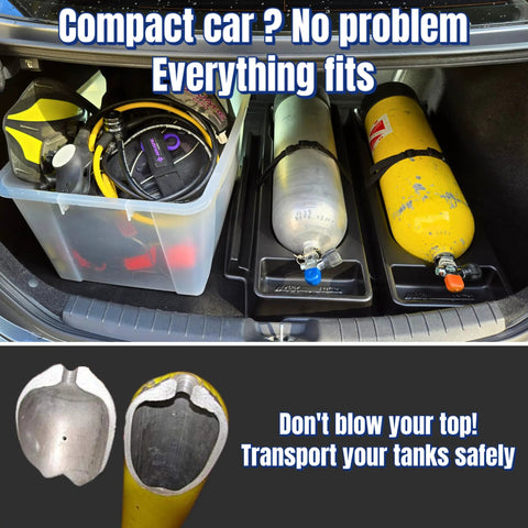 Universal Scuba Tank Transporter With Valve Protection Non Slip Pad Quick Release Strap in car trunk with scuba tanks