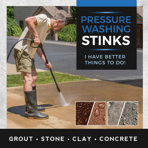 Man using pressure washer on driveway next to text about grout, stone, clay, and concrete cleaning