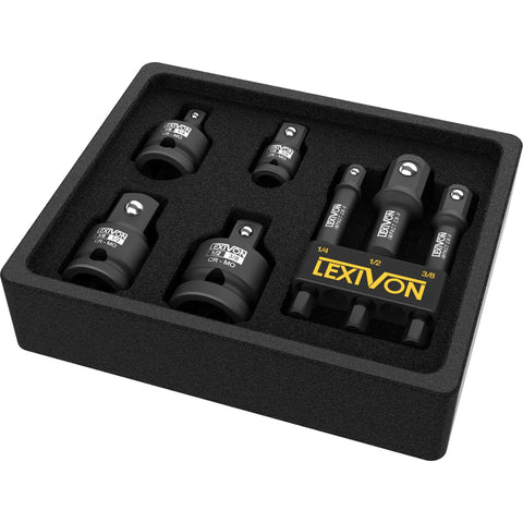 Impact Socket Adapter Kit 7 Piece Set For Converting 1/4 To 3/8, 3/8 To 1/4, 3/8 To 1/2 And 1/2 To 3/8 Drive, Includes 1/4 Hex To 3 Square Drive Sizes, Extensions And Reducers, Black Phosphate Rust Protection For Tough Pro Grade Drills And Impact Drivers