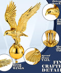 Top Tier Gold Bald Eagle Flag Pole Topper With Heavy Duty Hardware Kit 11 Inch Rotating Finial detailed view of eagle design.