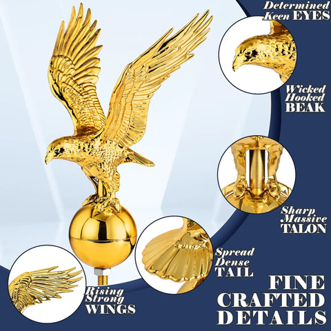 Top Tier Gold Bald Eagle Flag Pole Topper With Heavy Duty Hardware Kit 11 Inch Rotating Finial detailed view of eagle design.