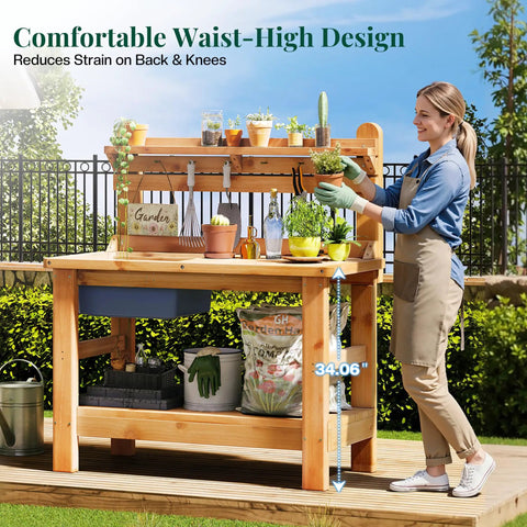 Woman using Solid Fir Wood Outdoor Potting Bench With Large Tabletop Heavy Duty Garden Workstation in yard