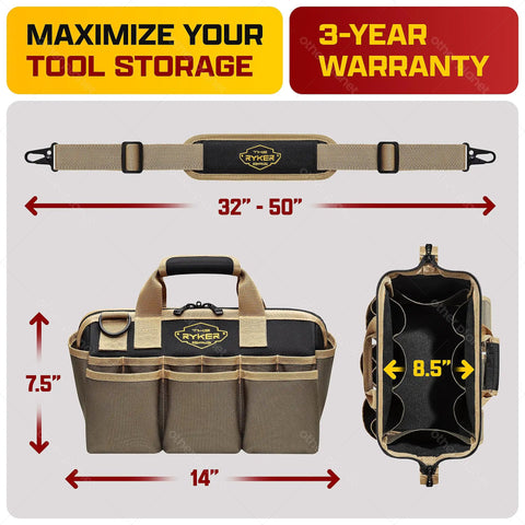 Premium 14 Inch Heavy Duty Tool Bag Organizer With Deep Storage Compartments And Quick Access Pockets Built Tough For Mechanics And Pros Khaki Job Site Hustle Ready Gear Tote