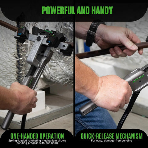 Compact Tube Bender Kit With Reverse Bending Attachment for 1/4 to 7/8 inch tubing showing one-handed operation
