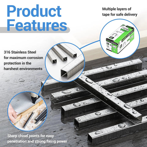 Heavy Duty 316 Stainless Steel Upholstery Staples, 22 Gauge 71 Series Tacker Nails showcasing sharp points and glossy finish.