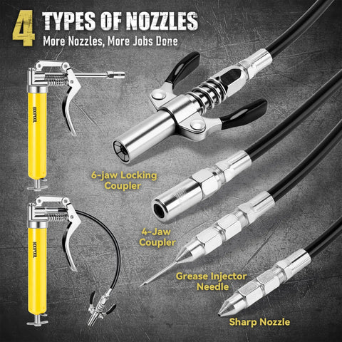 Mini Grease Gun Kit With 4500 PSI Power featuring 6-jaw locking coupler, 4-jaw coupler, precision needle, and sharp nozzle attachments.
