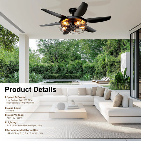 52 Inch Farmhouse Ceiling Fan With Light And Remote, Black Industrial Ceiling Fan for Patio, outdoor setup with sofa