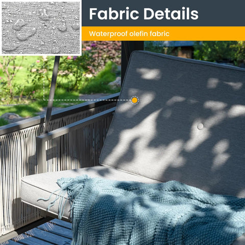 Waterproof olefin fabric detail on Three Seat Porch Swing With Stand And Cozy 990 LB Capacity 2 In 1 Convertible Bed And Swing Canopy