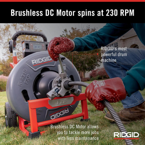 Professional Workhorse 5/8 Inch Brushless Drain Cleaning Drum Machine Auto Feed Cable Counter with user in action.