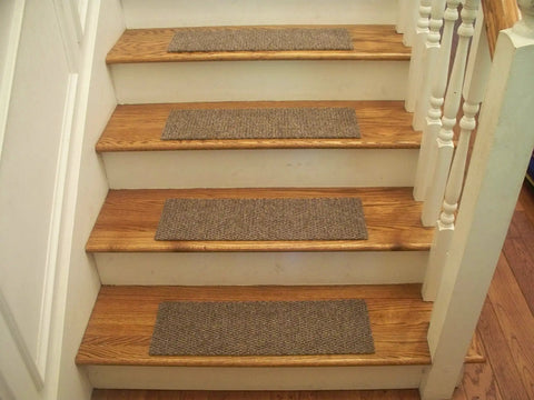 Berber Style Carpet Stair Treads Beige Gray 24 by 8 Inches Set of 13 on wooden stairs, grippy and easy to install with non-slip backing.