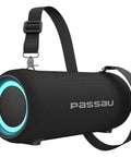 Black Portable Bluetooth Speaker With 40W Peak Power And Deep Bass From Dual Passive Radiators, adjustable strap shown