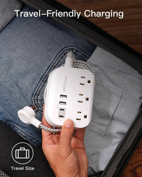 Flat Design Power Strip With USB Ports And 5 Foot Extension Cord Game Changer Travel Kit in hand, travel-friendly charging, compact design