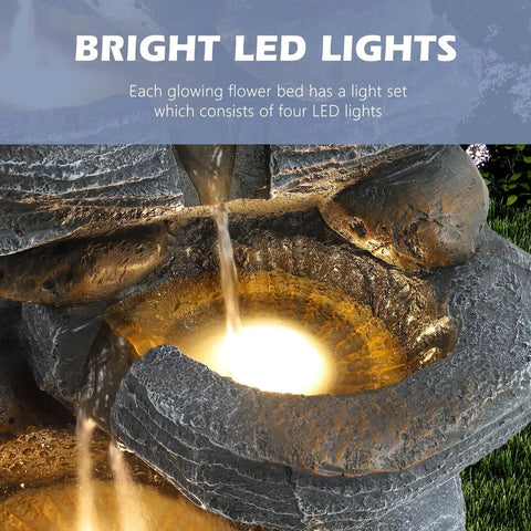 Close-up of Outdoor Cascading Five Tier Rock Water Fountain With Four LED Lights for Garden Patio Yard and Deck Decor