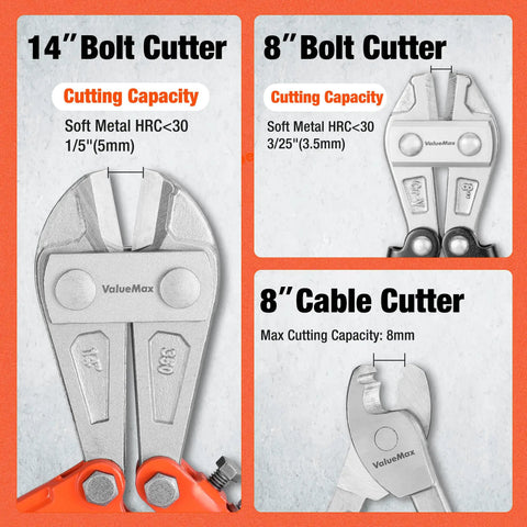 Beefy Heavy Duty Bolt Cutter Set 3 Piece With Carrying Bag Includes 14 Inch Bolt Cutter 8 Inch Mini Bolt Cutter And 8 Inch Cable Cutter For Locks Wires Barbed Wire Chains And More, front view