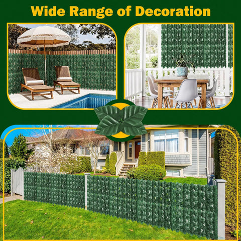 Artificial Ivy Privacy Fence Screen 120 Inch Long By 40 Inch Wide For Patio Balcony Garden And Backyard Vibe Decor Realistic Faux Ivy Greenery Backdrop Panels That Block Sightlines While Boosting Ventilation, shown installed by a pool, dining area, and yard fence, demonstrating versatile uses.