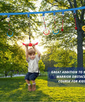 Child using 360 Degree Handle Twist Spin Slackline Attachments For Kids Winged Rotor Ends Easy Spins And Flips Ninja Powers Style Outdoor Playground Toy For Backyard Red in park.