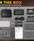 Contents of 8 Gang Switch Panel With 3 Silicone Buttons For On Off Memory Function, Brightness Adjust And Single Color Mode, Momentary Strobe, LED Toggle Fuse Box, Universal Fit For Golf Cart Car Truck RV Offroad Marine box.