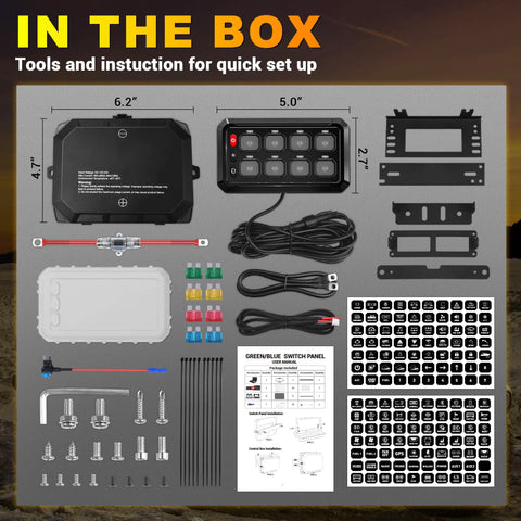 Contents of 8 Gang Switch Panel With 3 Silicone Buttons For On Off Memory Function, Brightness Adjust And Single Color Mode, Momentary Strobe, LED Toggle Fuse Box, Universal Fit For Golf Cart Car Truck RV Offroad Marine box.