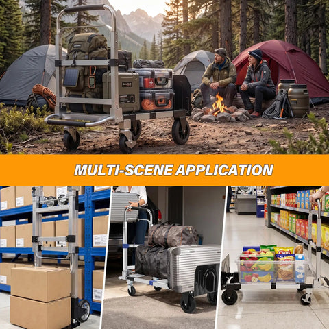 3 In 1 Convertible Hand Truck Folding Aluminum Dolly Cart With 2 Straps, Easy Setup And Smooth Transition Between Modes, Lightweight Yet Built Tough For Moving Boxes, Appliances, And Heavy Loads At Home, Workshop, Or Garage, shown loaded for camping