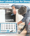 1625 Piece Metric Screws Bolts And Nuts Assortment Kit With Lock And Flat Washers M2 M3 M4 M5 Hex Socket Head Screws And Nuts Grade 10 9 Alloy Steel displayed with case in front of technician by appliance