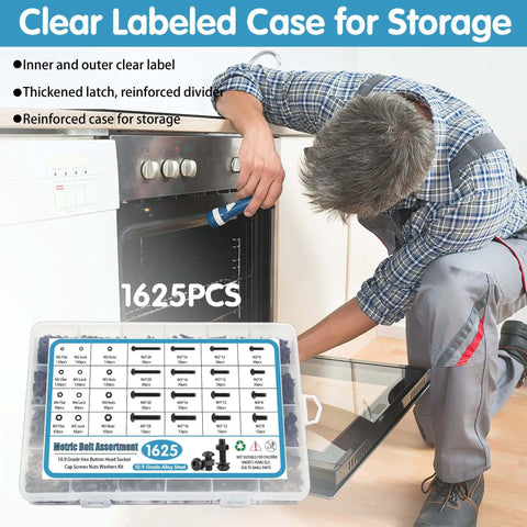 1625 Piece Metric Screws Bolts And Nuts Assortment Kit With Lock And Flat Washers M2 M3 M4 M5 Hex Socket Head Screws And Nuts Grade 10 9 Alloy Steel displayed with case in front of technician by appliance